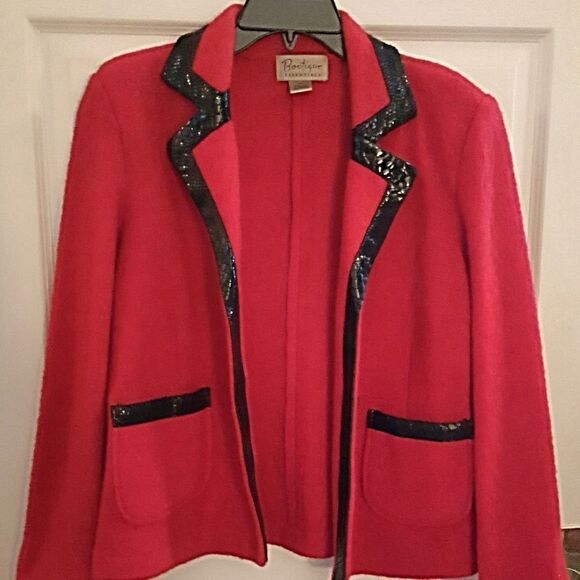 CHERRY RED MOHAIR BLAZER W/ LEATHER TRIM - Picture 2 of 4